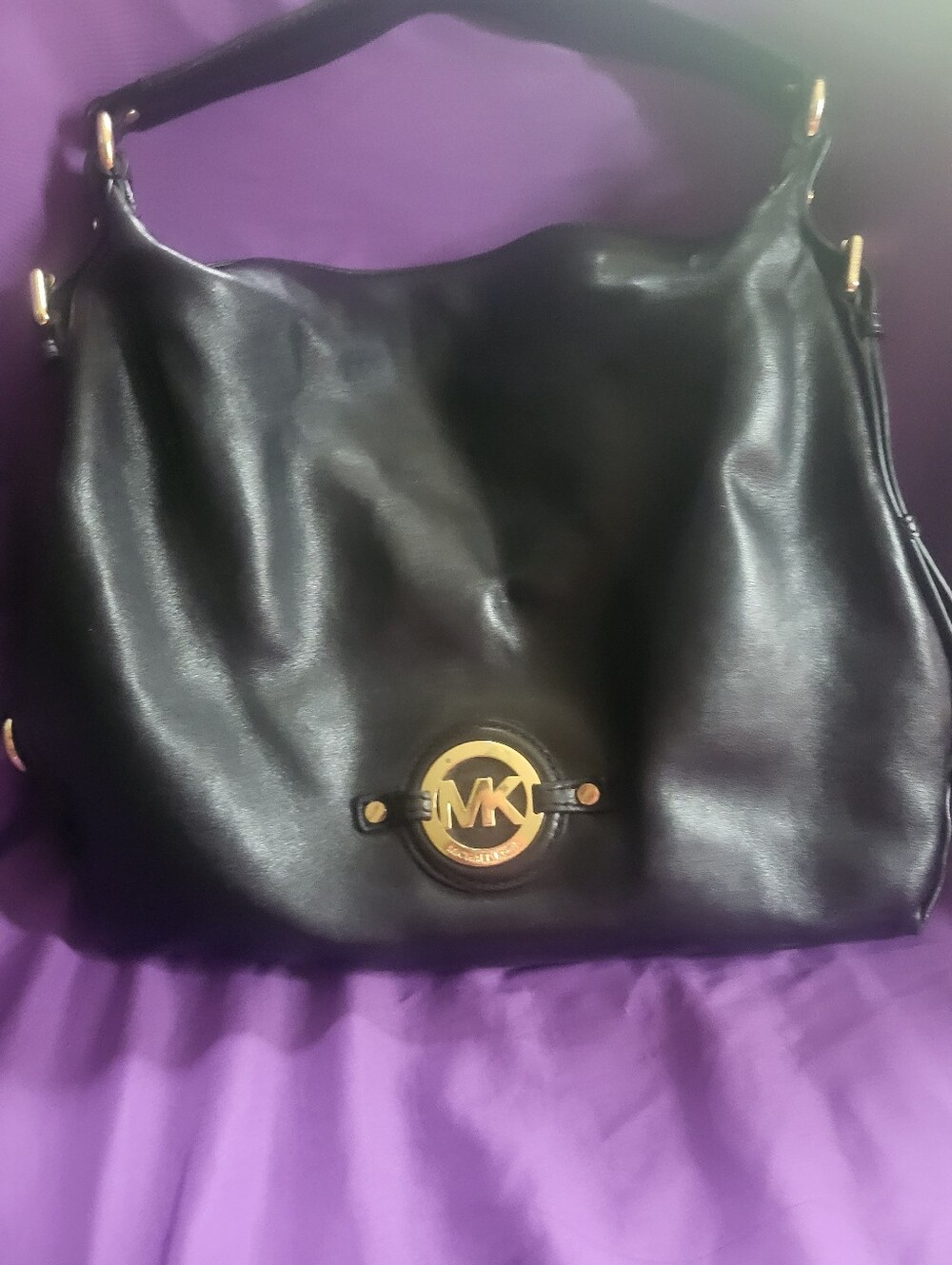Michael Kors Black Leather Shoulder Bag with Gold Logo